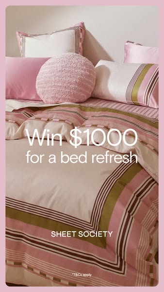This image ad promotes a giveaway from Sheet Society, offering the chance to win $1000 for a bed refresh. The ad feature