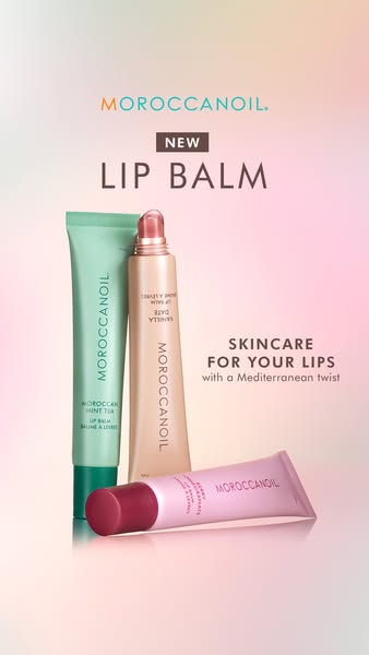 This ad showcases Moroccanoil's new lip balm, highlighting its skincare benefits and Mediterranean twist.