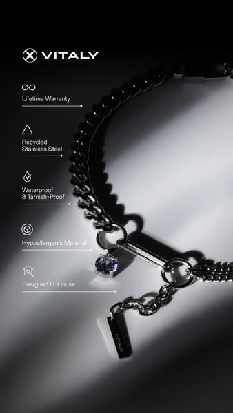 This ad showcases a Vitaly chain necklace and highlights its key features, such as lifetime warranty, recycled stainless