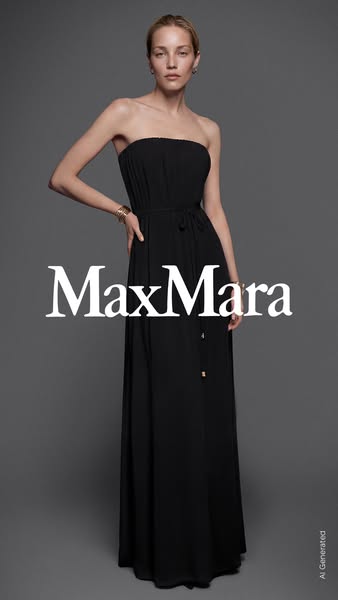 This image ad for MaxMara features a woman wearing a black dress. The ad showcases the brand's name prominently and 