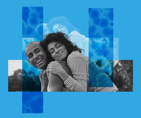 An image ad showcasing a man and a woman embracing each other, overlaid with a geometric design on a bright blue backgro