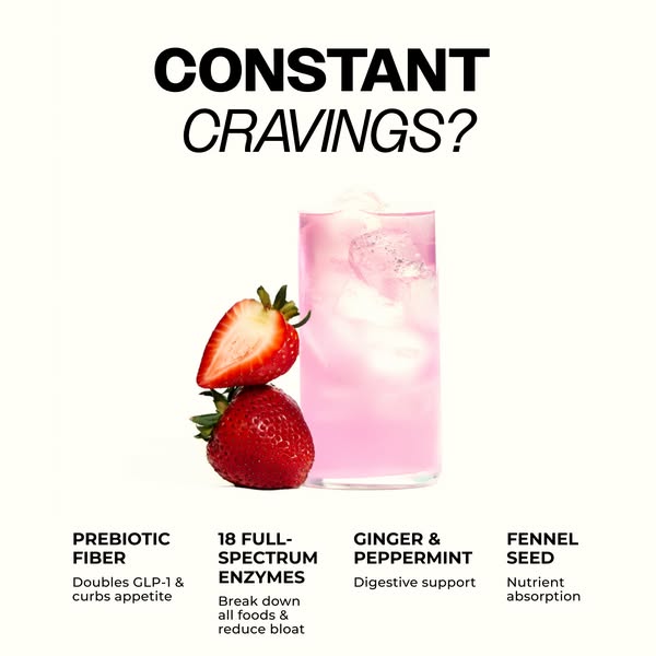 This image ad features a refreshing pink drink accompanied by strawberries, emphasizing ingredients like prebiotic fiber