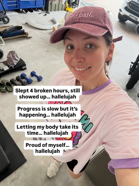 The ad features a selfie-style shot of a woman in workout clothes, sharing her fitness journey progress with encouraging