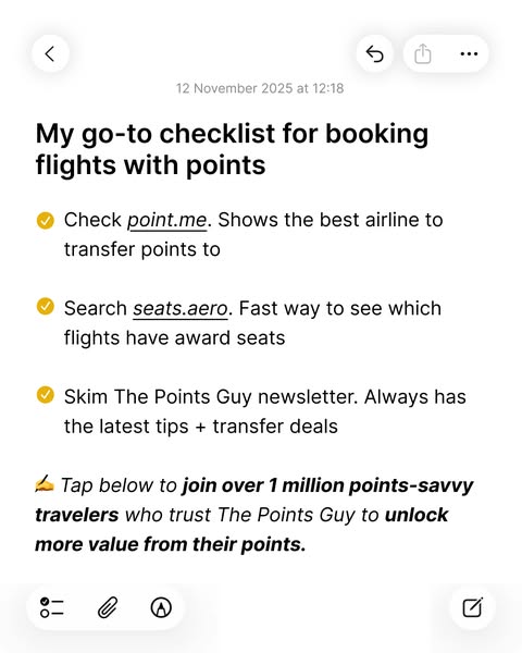 This ad is a checklist for booking flights with points. It includes point.me, seats.aero, and The Points Guy newsletter.