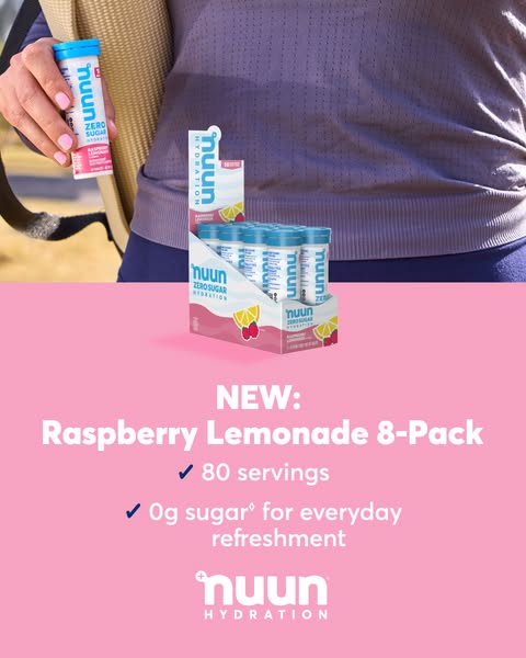 This ad showcases Nuun's Raspberry Lemonade 8-Pack, highlighting its zero-sugar content and high serving count, whil