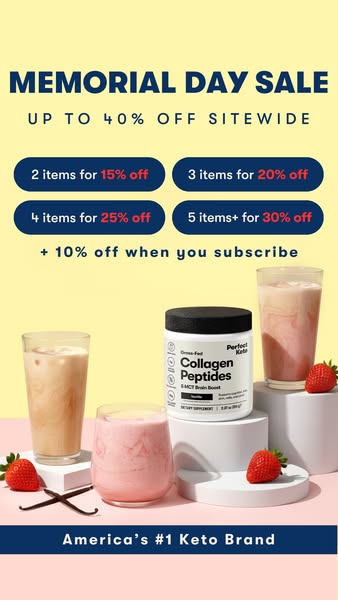 This image ad for Perfect Keto promotes a Memorial Day Sale with discounts up to 40% off sitewide and an additional 10% 