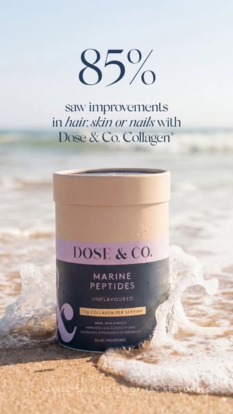 This ad uses a product-in-use shot on a beach next to ocean waves to tout the beauty benefits of Dose & Co.'s ma
