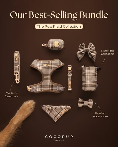 This ad showcases COCOPUP London's Pup Plaid Collection, emphasizing its status as their best-selling bundle. The ad