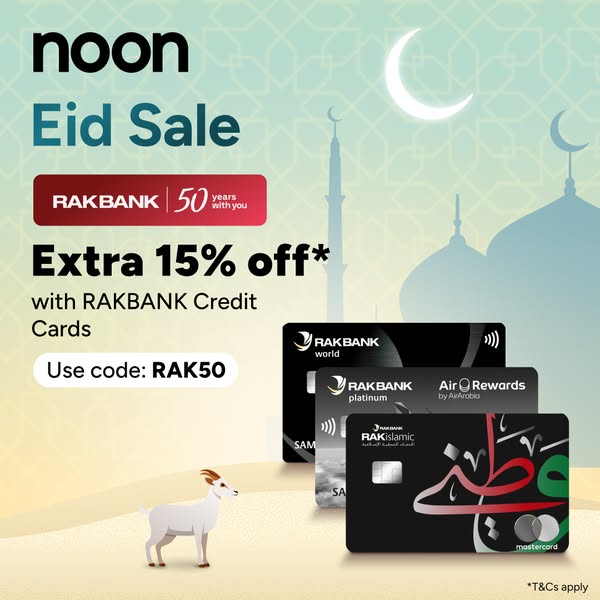 This image ad promotes an Eid Sale by Noon, highlighting a 15% discount for RAKBANK credit card holders. It features RAK