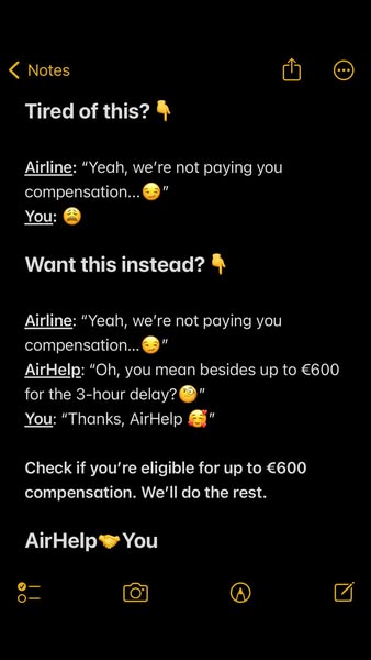 This ad uses a screenshot of the Notes app to show a conversation between an airline, AirHelp, and the user. The ad high