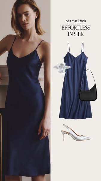 This image ad features a navy silk slip dress being modeled by a woman, and shows how to style it by using a photo colla