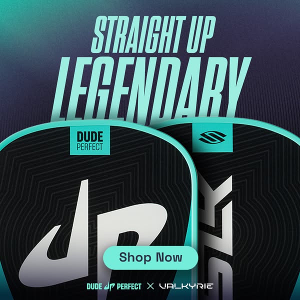 This ad promotes a collaboration between Dude Perfect and Valkyrie on a new product, emphasizing its legendary status an
