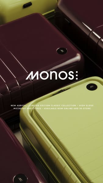 This ad showcases Monos' new arrival of their limited edition classic collection in high gloss mulberry and citrus, 