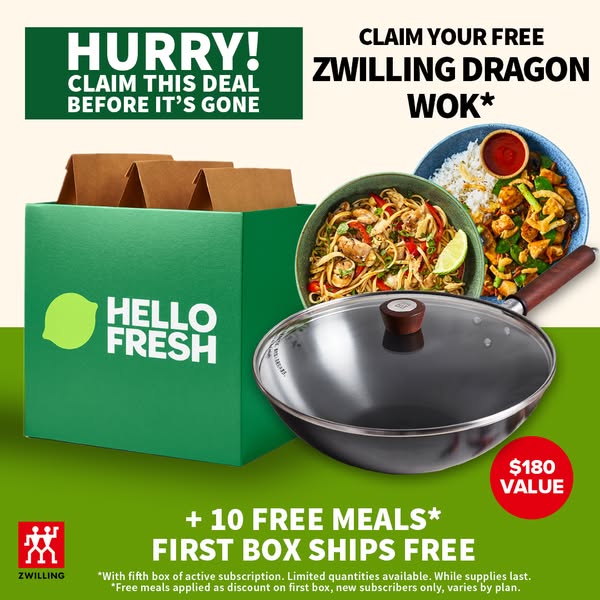 Ad for Hello Fresh offering a free Zwilling Dragon Wok and 10 free meals with first box. 