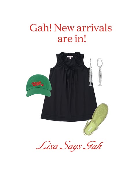 Image ad showcasing a selection of 'Lisa Says Gah' apparel and accessories in a clean, minimalist style.