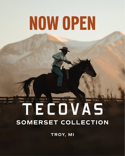 This ad shows an image of a man riding a horse in front of mountains. The ad announces the grand opening of a new Tecova