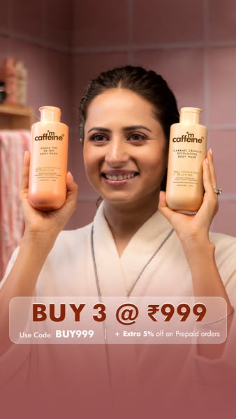 This ad features a woman holding two different body wash products from the brand mCaffeine. The ad promotes a special of