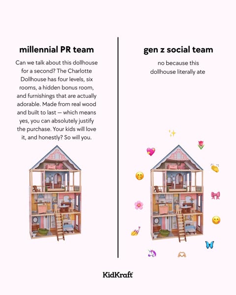 The ad is comparing the tone of the copy and visual choices between a 'millennial PR team' and 'gen z social