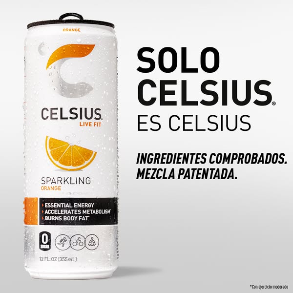 This ad showcases a can of Celsius energy drink and highlights key features like essential energy, accelerated metabolis