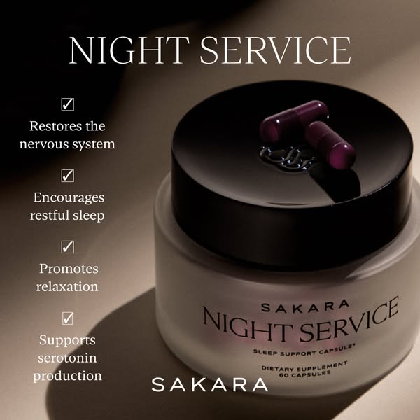 This image ad showcases the Sakara Night Service supplement capsules, highlighting benefits such as restoring the nervou