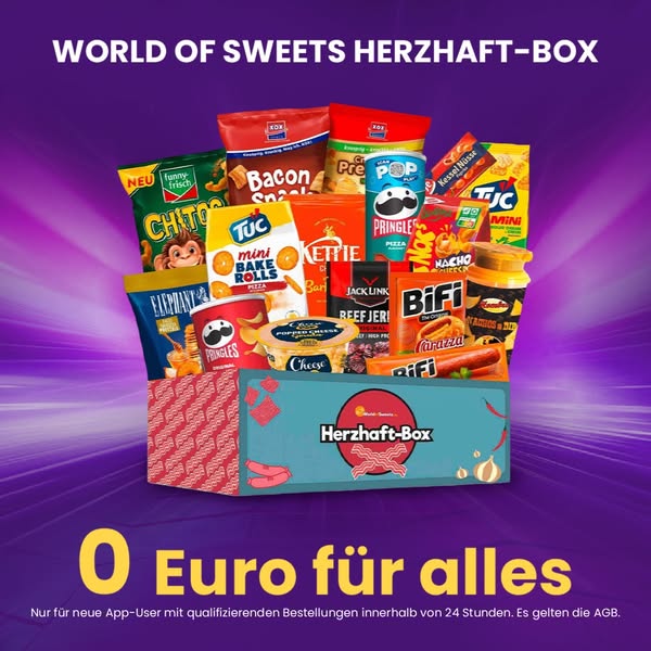 This ad promotes a Herzhaft-Box (savory box) of snacks, indicating a variety of savory treats. The ad utilizes a bright 