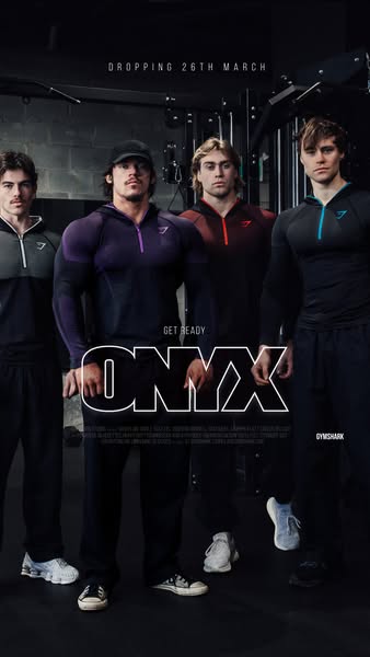 A group of muscular men are shown in athletic wear, advertising the new Gymshark ONYX line that will be available on Mar