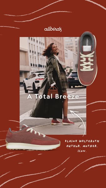 Image ad featuring Allbirds shoes and a testimonial from Elaine Welteroth, author, mother and icon. The ad showcases an 