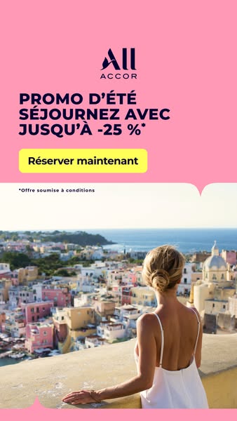 This ad promotes All Accor's summer promotion, offering up to 25% off stays. It features a visually appealing image 