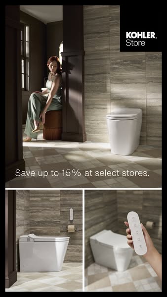 This ad for Kohler features a woman relaxing in a high-end bathroom setting, implying a luxurious and comfortable experi
