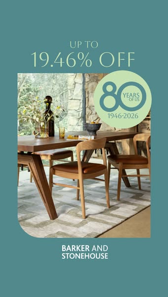 This image ad promotes Barker and Stonehouse, advertising up to 19.46% off. The visual features a dining room setup, and