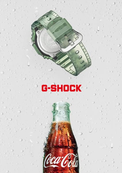 This ad features a G-Shock watch and a Coca-Cola bottle against a background of water droplets. The ad emphasizes the co