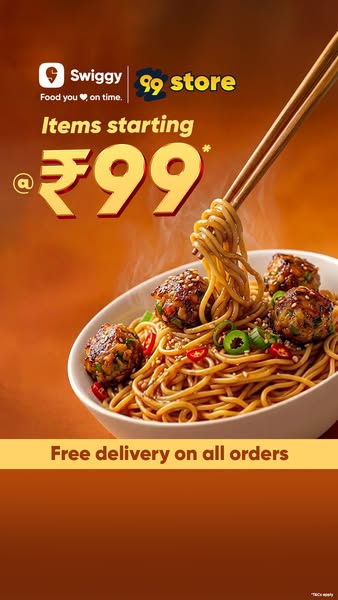 An image ad for Swiggy 99 store featuring an image of noodles with meat, promoting items starting at ₹99 with free deliv