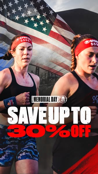 This Memorial Day-themed ad features two female athletes running in what is likely a Spartan race. The ad offers up to 3
