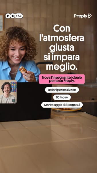 This ad for Preply features a woman enjoying a snack while video chatting with her Preply tutor. The ad highlights the b