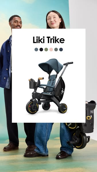 This image ad showcases the Liki Trike with parents standing behind it. The ad highlights the product name with availabl