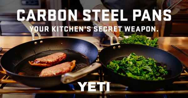 This ad shows two carbon steel pans cooking different foods on a stovetop. The headline, "CARBON STEEL PANS YOUR KI