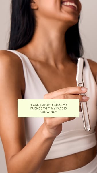 This image ad features a smiling woman holding a dermaplaning tool. A quote from a customer is included to promote the b