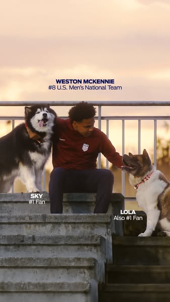 This image ad showcases Weston McKennie, #8 for the U.S. Men's National Team, with his two dogs who are labeled as h