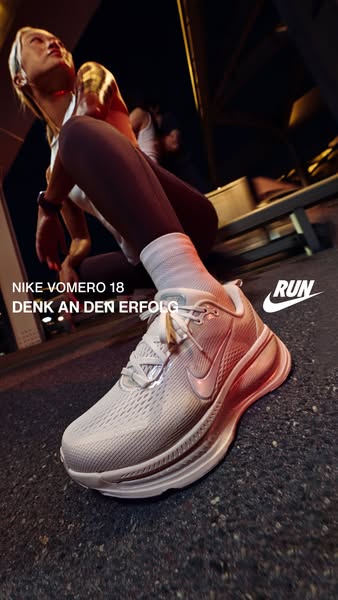 This ad showcases the Nike Vomero 18 running shoe. The ad features a close-up shot of the shoe with a runner in the back