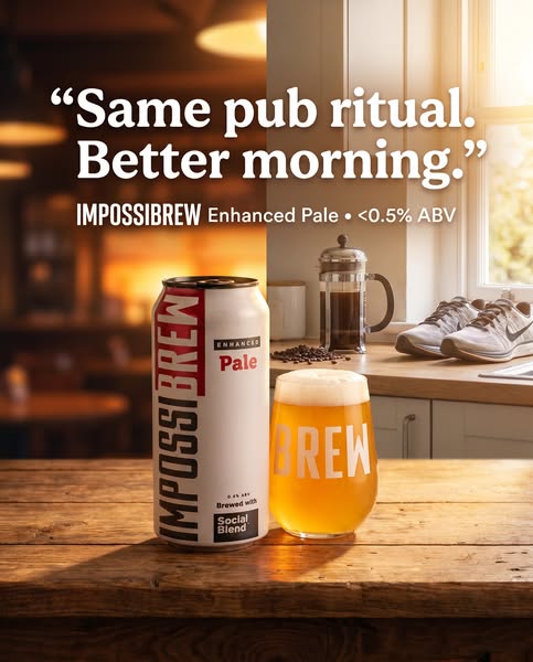 An image ad for Impossibrew non-alcoholic beer. The image is split in half, with one side depicting a dark pub setting a