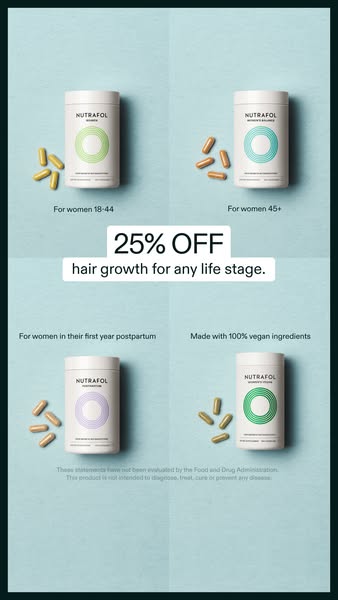 Ad for Nutrafol hair growth supplement. The ad features four different versions of the product, each targeted towards a 