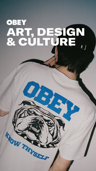 This image ad for OBEY clothing features a person wearing a t-shirt with the brand's name and a graphic of a bulldog