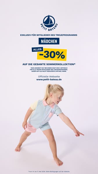 This ad for Petit Bateau promotes a 30% discount on the entire summer collection for loyalty program members. A young gi