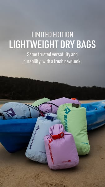 An image ad for Sea to Summit lightweight dry bags, in assorted colors, that are durable and versatile.