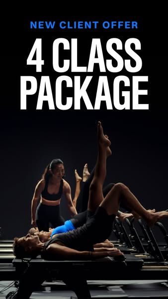 This ad promotes a new client offer for a 4 class package at a pilates studio. The ad features a pilates instructor assi