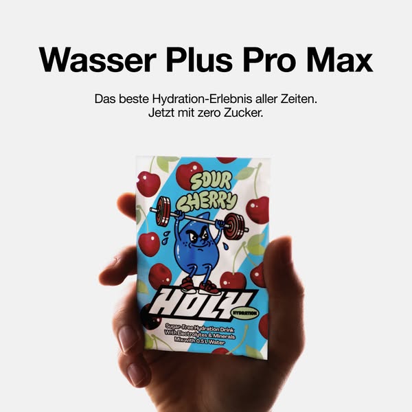 This image ad promotes Wasser Plus Pro Max, a zero sugar hydration drink, featuring a sachet of the sour cherry flavor h