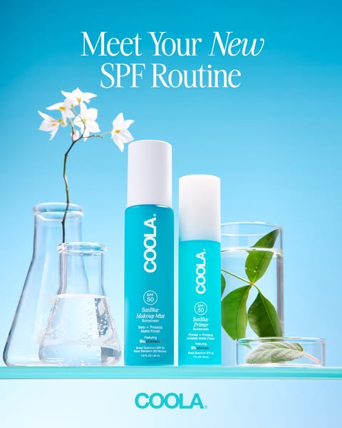 This ad promotes Coola's SPF routine using the SunBlur Makeup Mist and SunBlur Primer, highlighting their SPF 50 pro