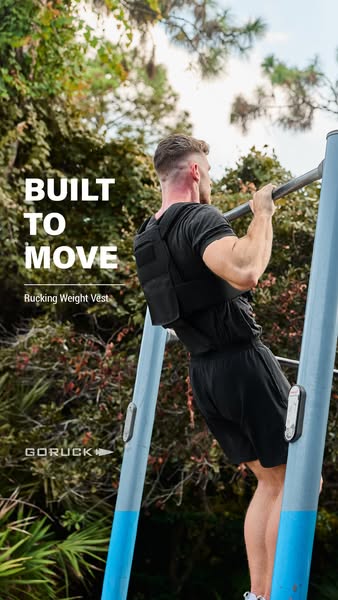 This ad showcases a man using the GORUCK rucking weight vest while doing pull-ups. The ad highlights the product's a