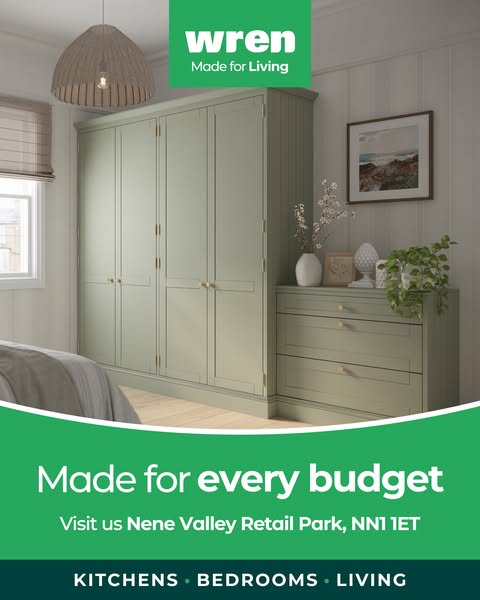 This image is advertising Wren Kitchens and their bedroom and living furniture. It shows a bedroom with a large, light g