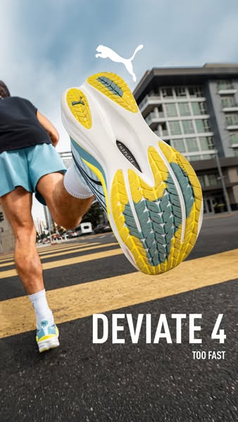 This ad showcases the Puma Deviate 4 running shoe, highlighting its design and performance features for runners.